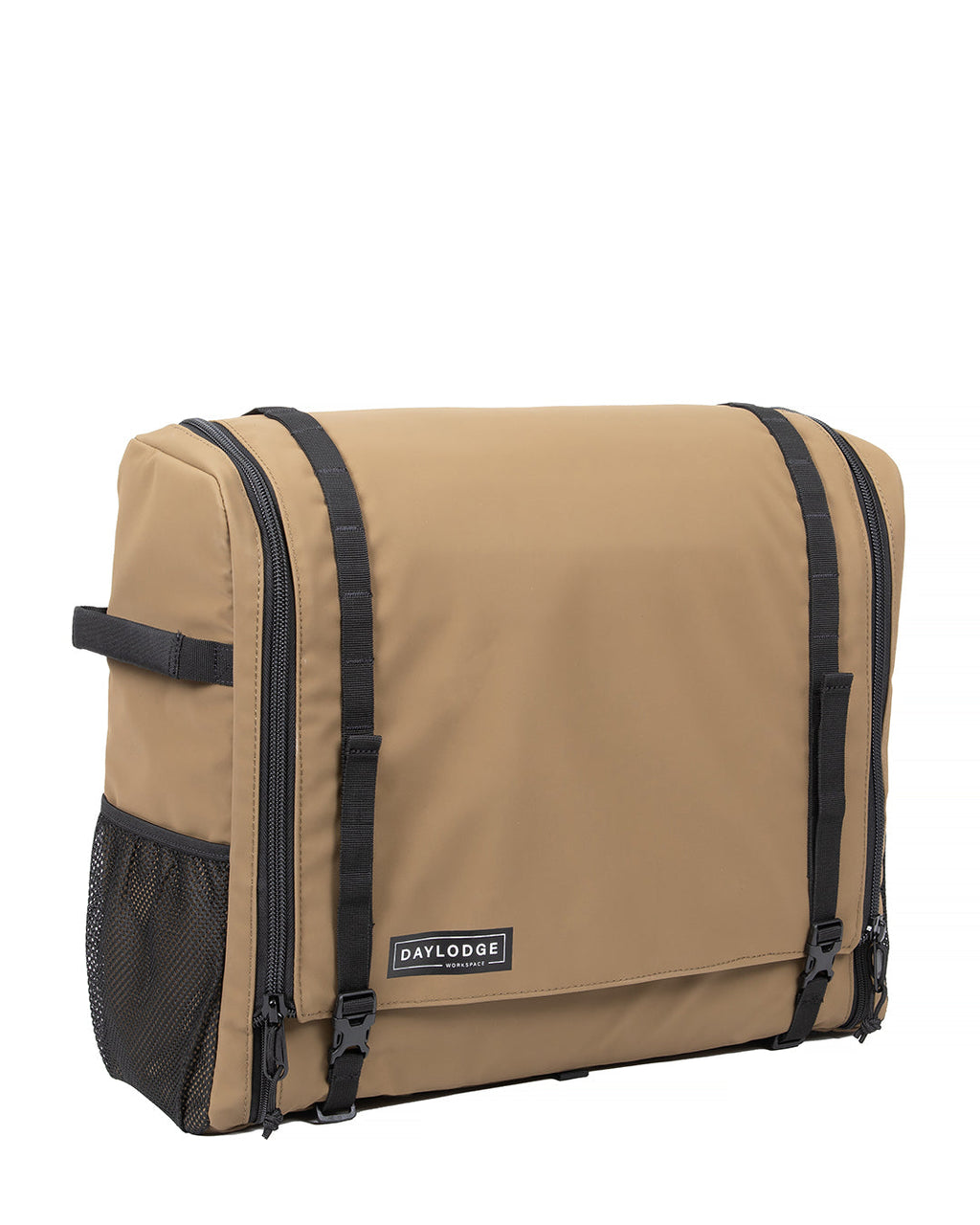Beige mobile camp kitchen carry bag with dark trim and zippered front pocket