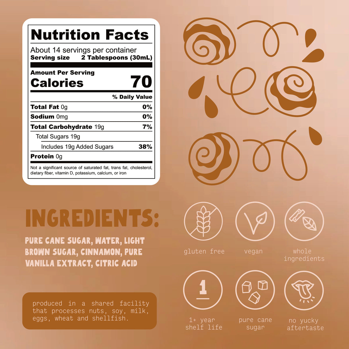 Cinnamon bun syrup nutrition facts and ingredients panel with dietary icons.