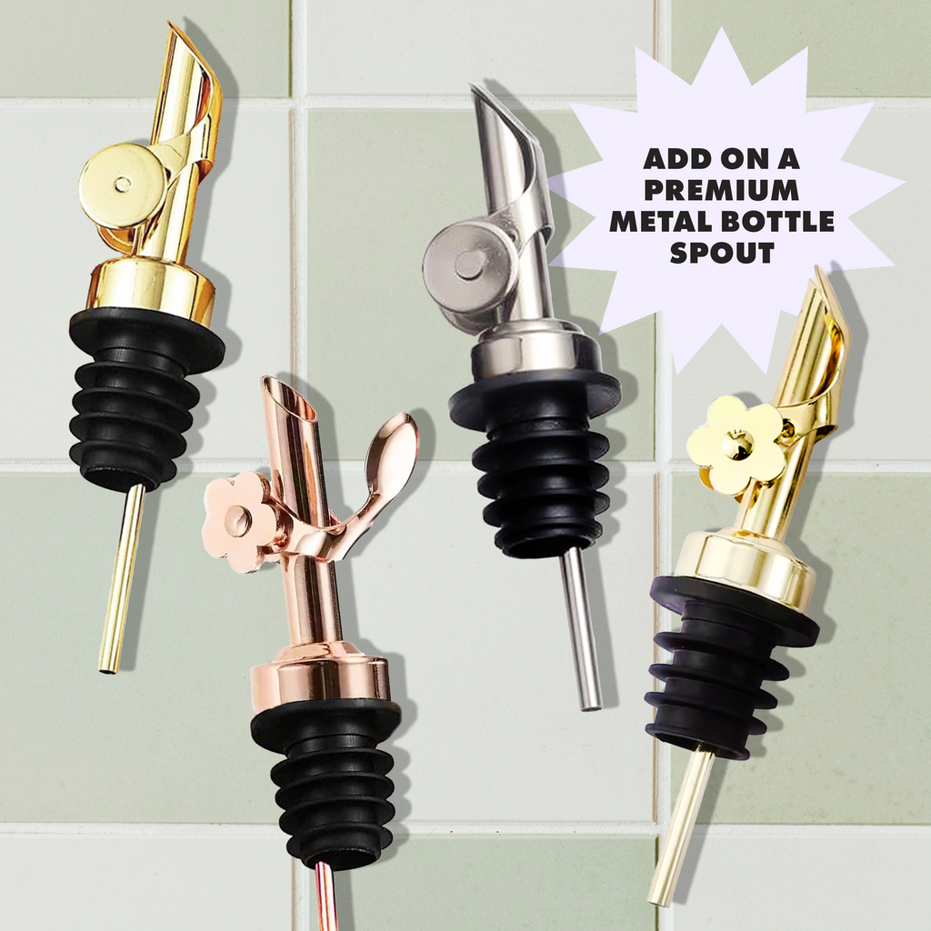 Premium metal bottle spout add-on set with gold and silver pour tips.