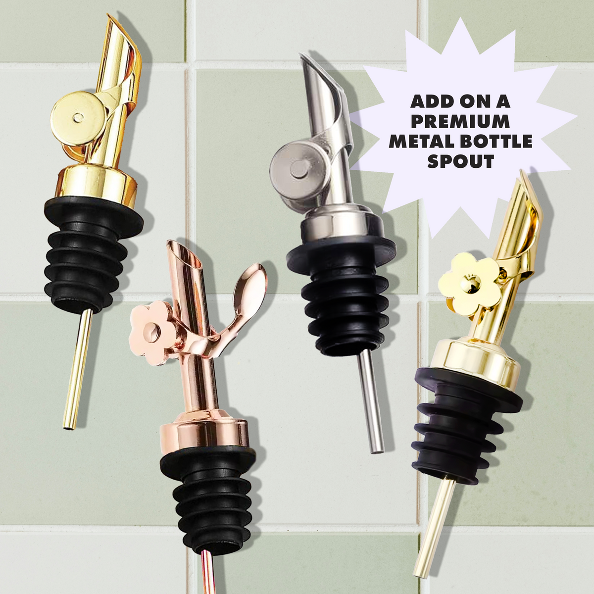 Premium metal bottle spout add-on set with gold and silver pour tips.