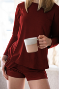 Burgundy pima cotton long-sleeve short set, crewneck top and matching shorts