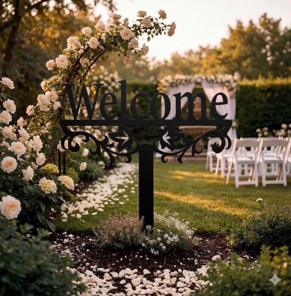 Black metal "Welcome" yard stake sign with decorative scroll cutout and pointed bottom