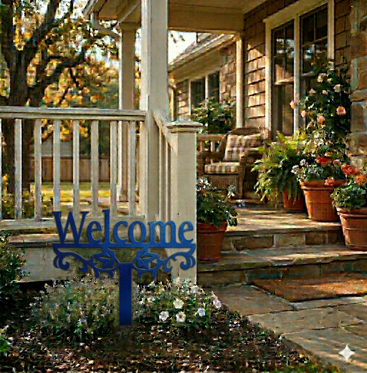 Blue metal "Welcome" yard stake sign with ornate scrollwork border and stake base
