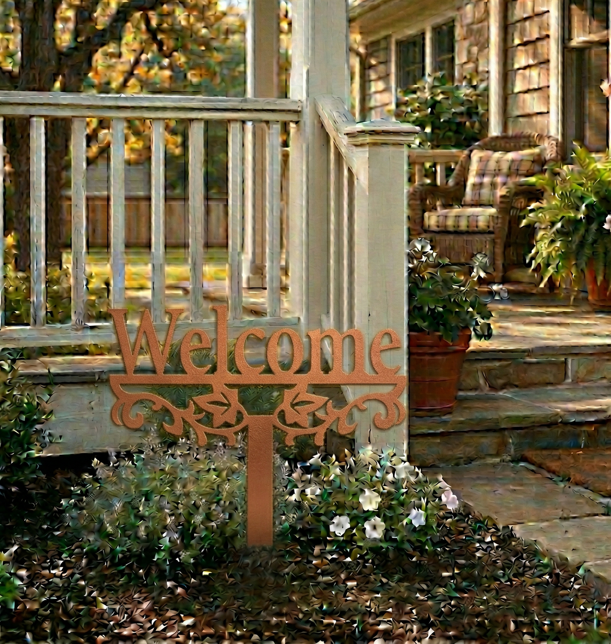 Copper metal "Welcome" yard stake sign with decorative filigree scroll cutout and stake