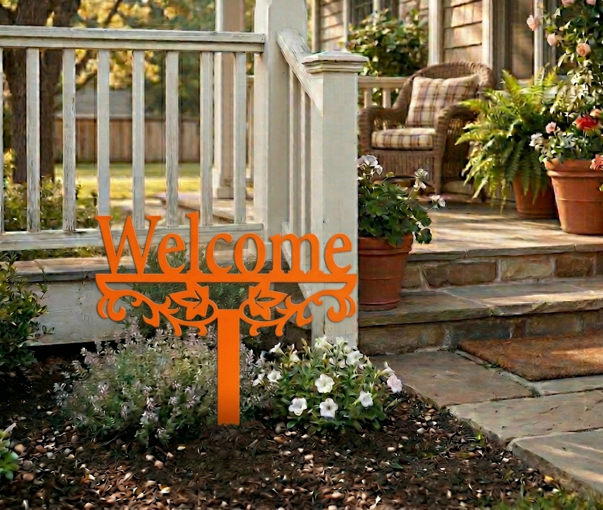 Orange metal yard sign stake with “Welcome” text and decorative scroll cutout