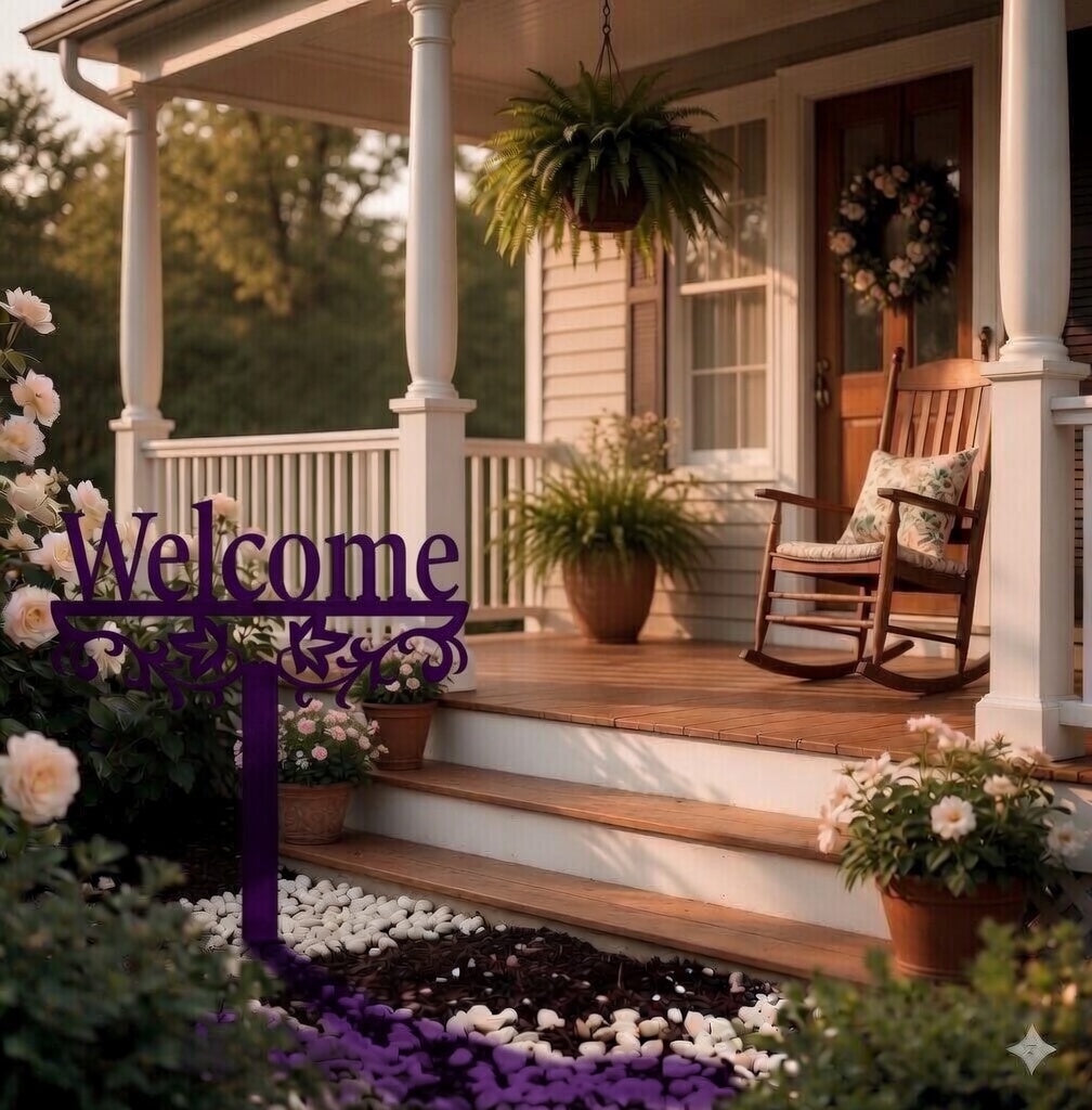 Purple metal yard sign stake with “Welcome” text and decorative scroll cutout