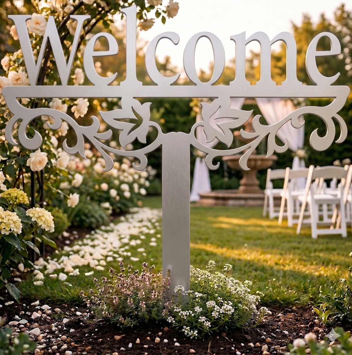Silver metal "Welcome" yard stake sign with ornate filigree scroll design