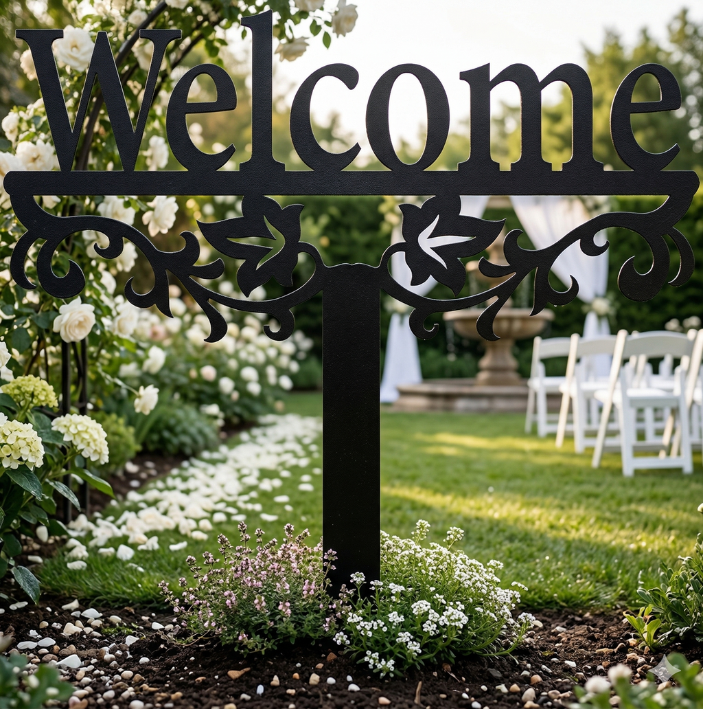 Black metal "Welcome" yard stake sign with decorative scrollwork border and stake