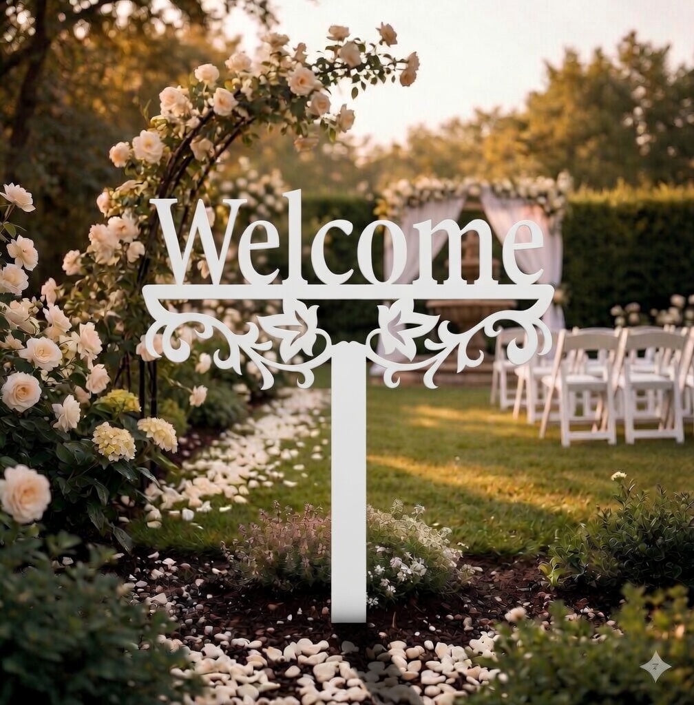 White metal "Welcome" yard stake sign with decorative scroll cutout and stake base