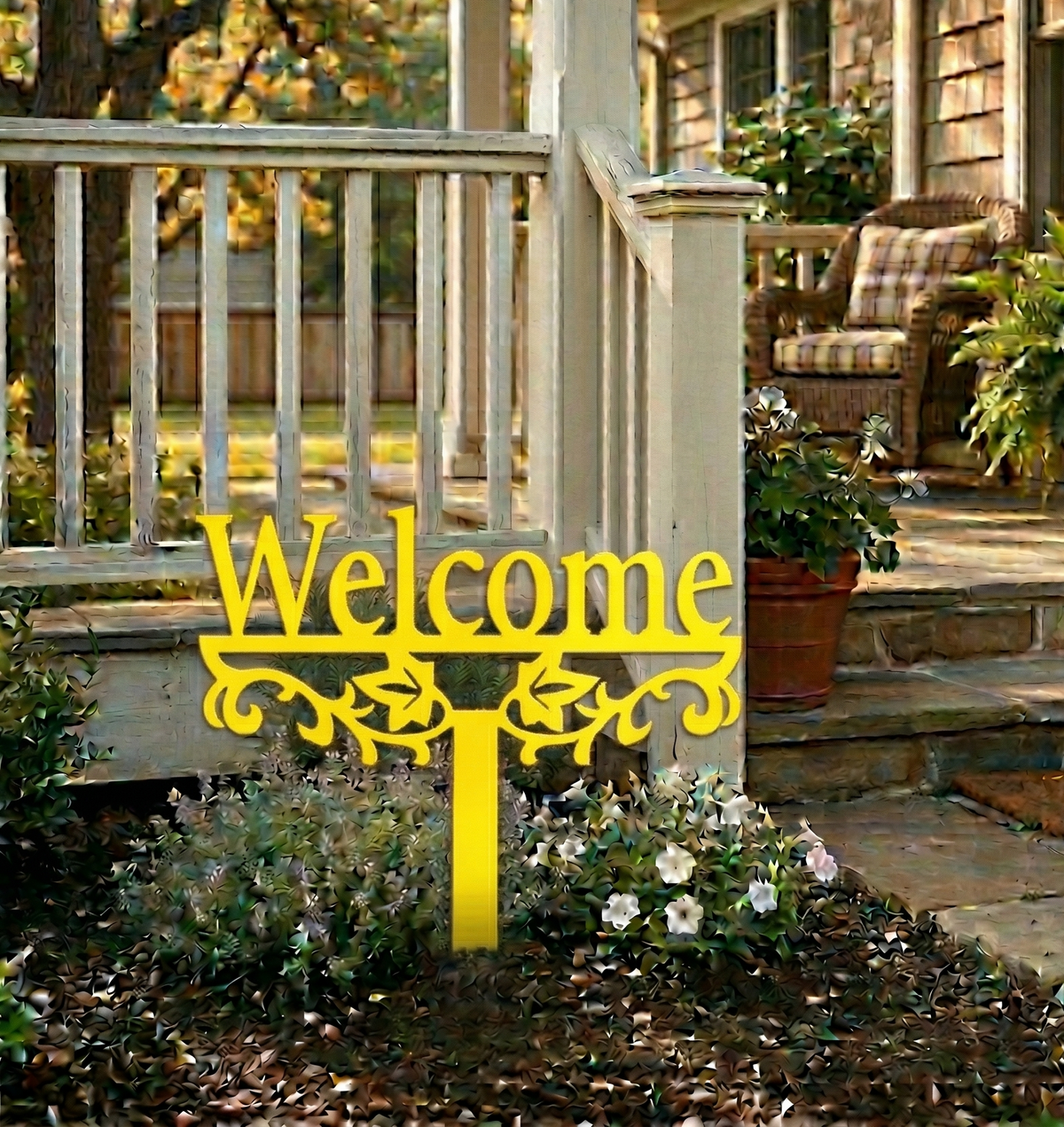 Yellow metal yard sign stake with “Welcome” text and decorative scroll cutout