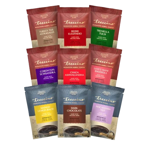 Herbal coffee sampler variety packets, red and blue bags with roast/ingredient labels