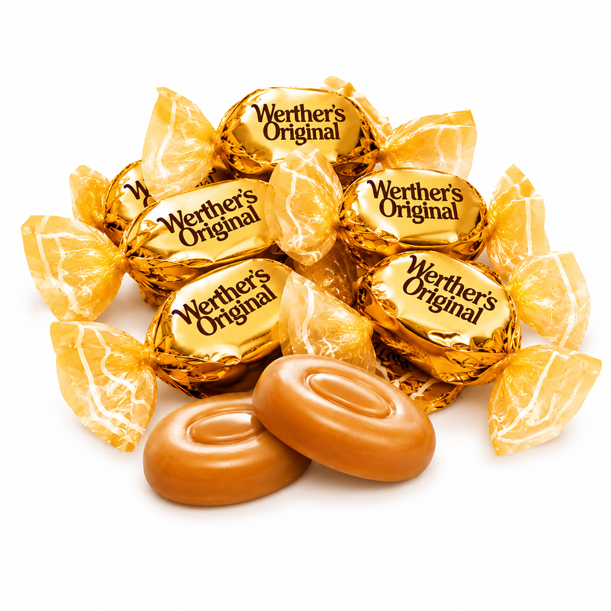 Caramel hard candies with golden wrappers and two unwrapped chewy pieces