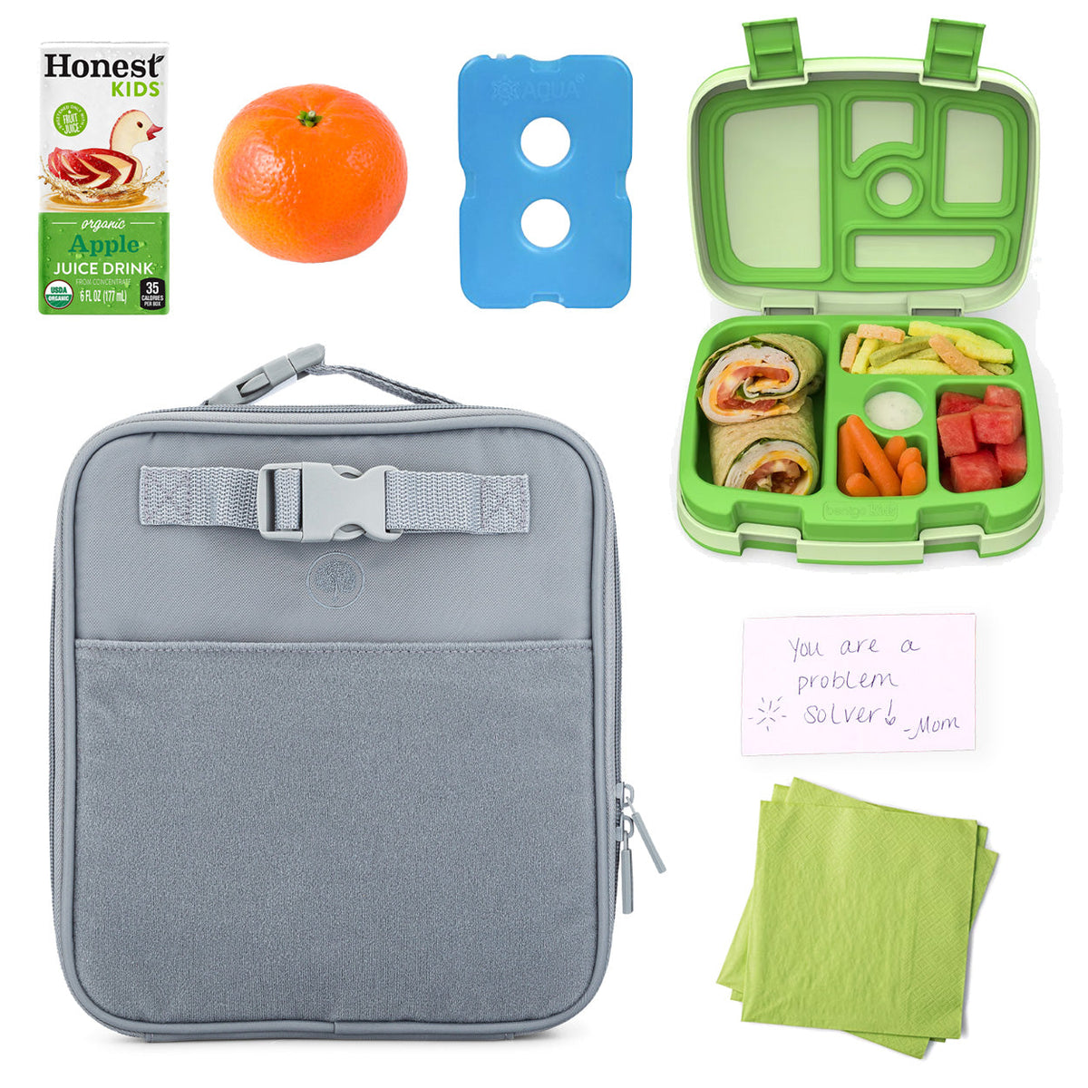Kids lunch box bag in heather gray opened with compartments and included liners