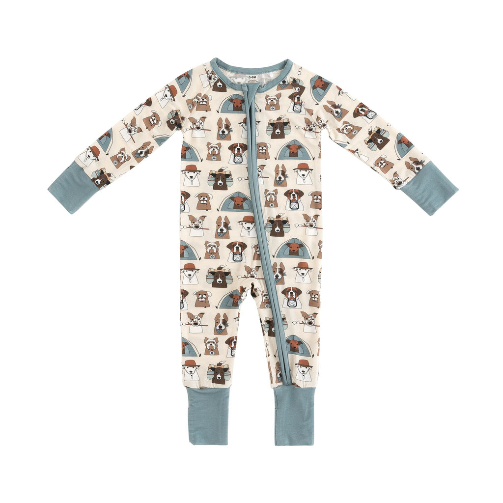 Cream dog-print zip footie pajama with long sleeves and blue-gray front zipper