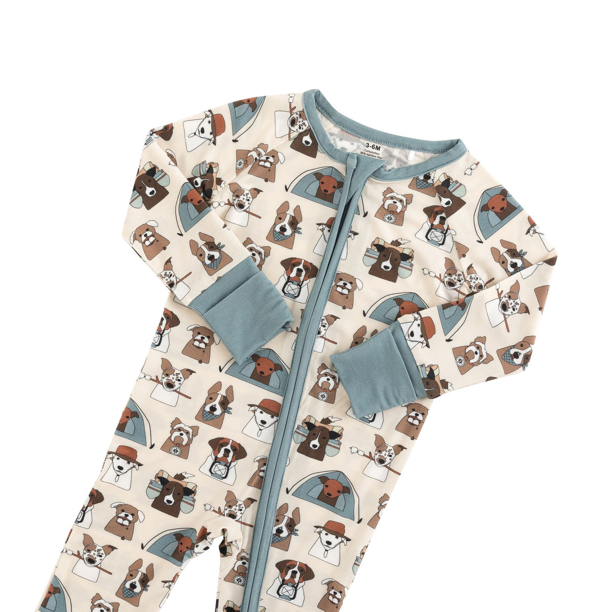 Cream dog-print convertible zip footie with blue-gray zipper and matching cuffs