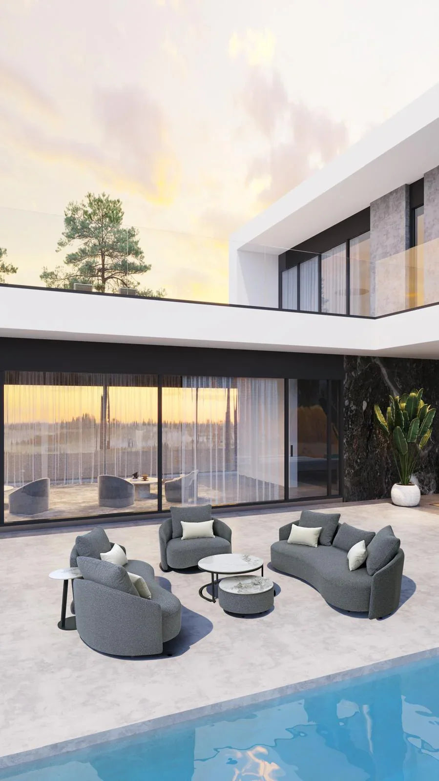 Gray bouclé outdoor sofa set with two armchairs and round coffee tables