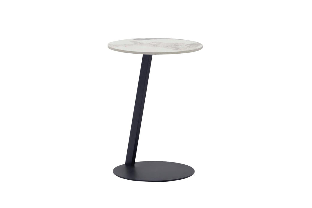 Round outdoor side table with white stone-look top and black metal legs