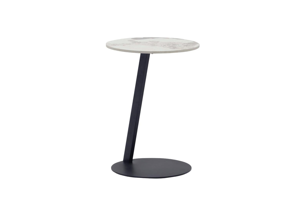 Round outdoor side table with white stone-look top and black metal legs