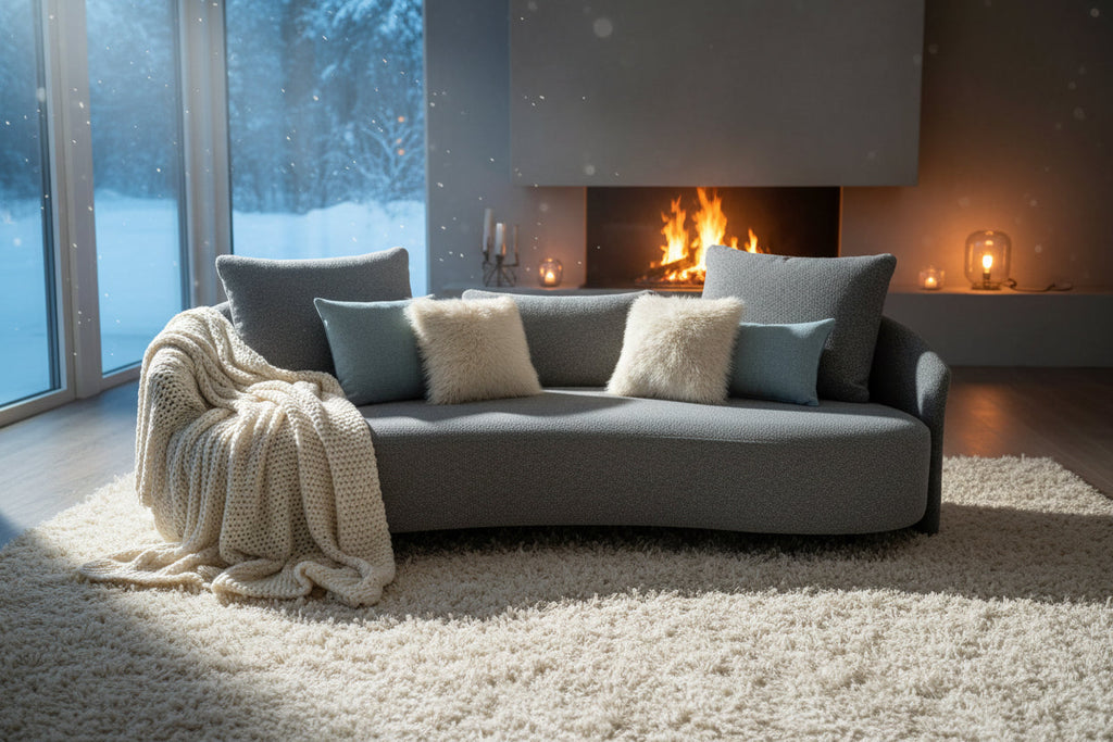 Gray outdoor sofa with multiple pillows and a draped throw blanket