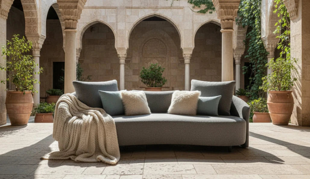 Gray outdoor sofa with four throw pillows and a chunky knit blanket