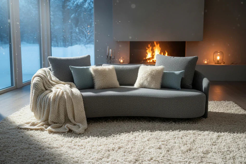 Gray outdoor sofa with two blue-gray cushions and two white pillows