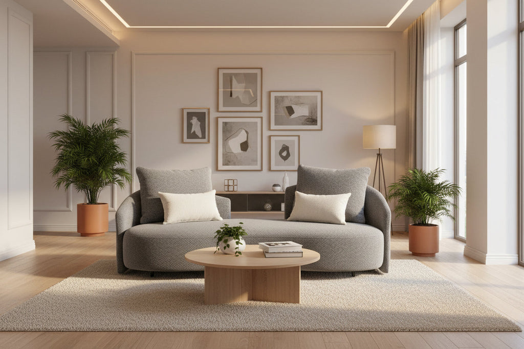 Gray sofa with two throw pillows and a round wooden coffee table