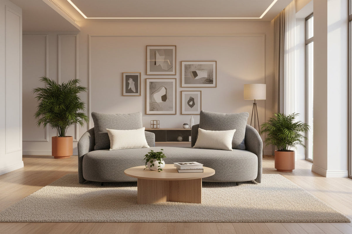 Gray sofa with two throw pillows and a round wooden coffee table