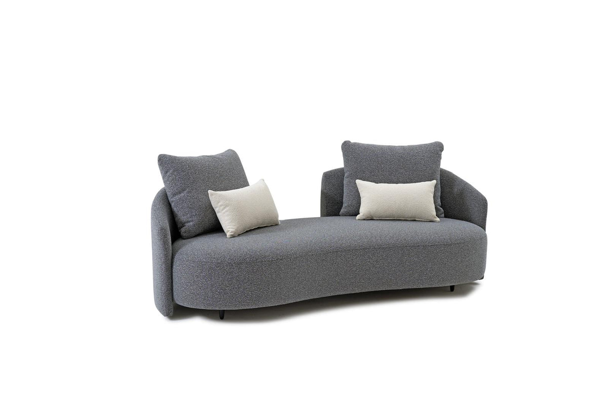 Gray outdoor lounge loveseat sofa with two square throw pillows