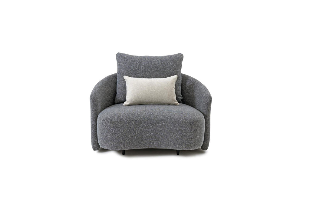 Gray outdoor lounge armchair with square seat and two throw pillows