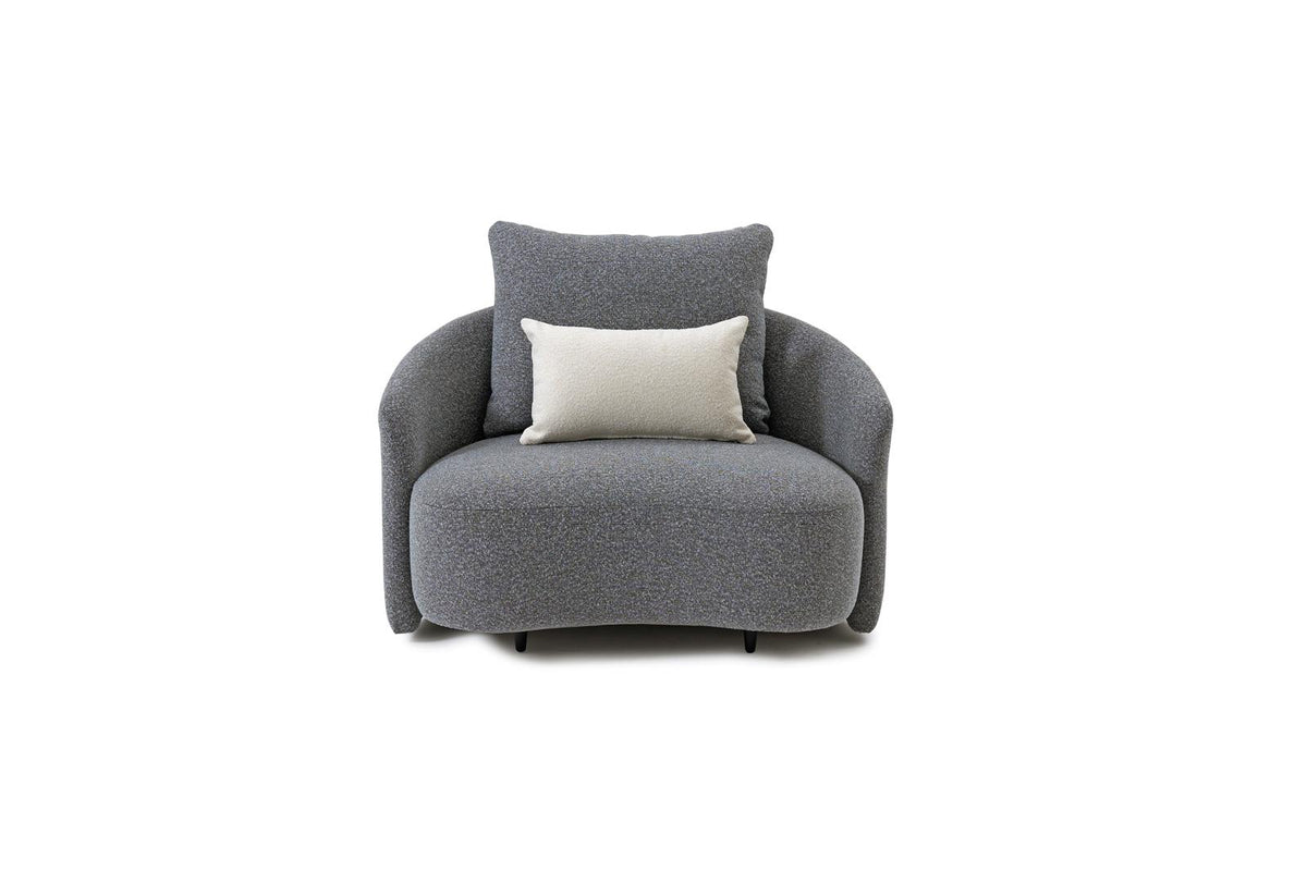 Gray outdoor lounge armchair with square seat and two throw pillows