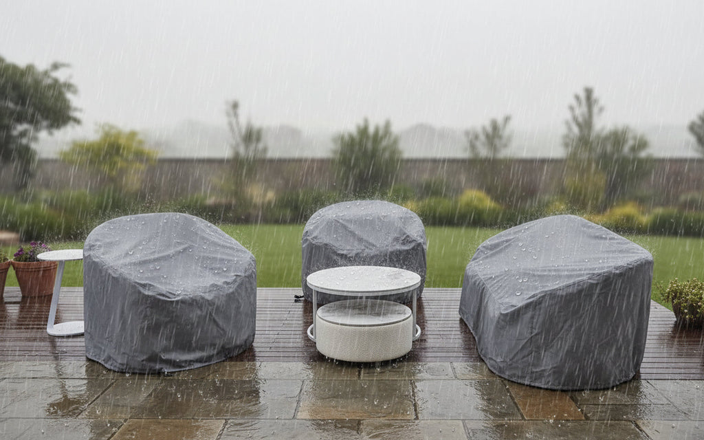Outdoor lounge set furniture covers over sofas and table pieces