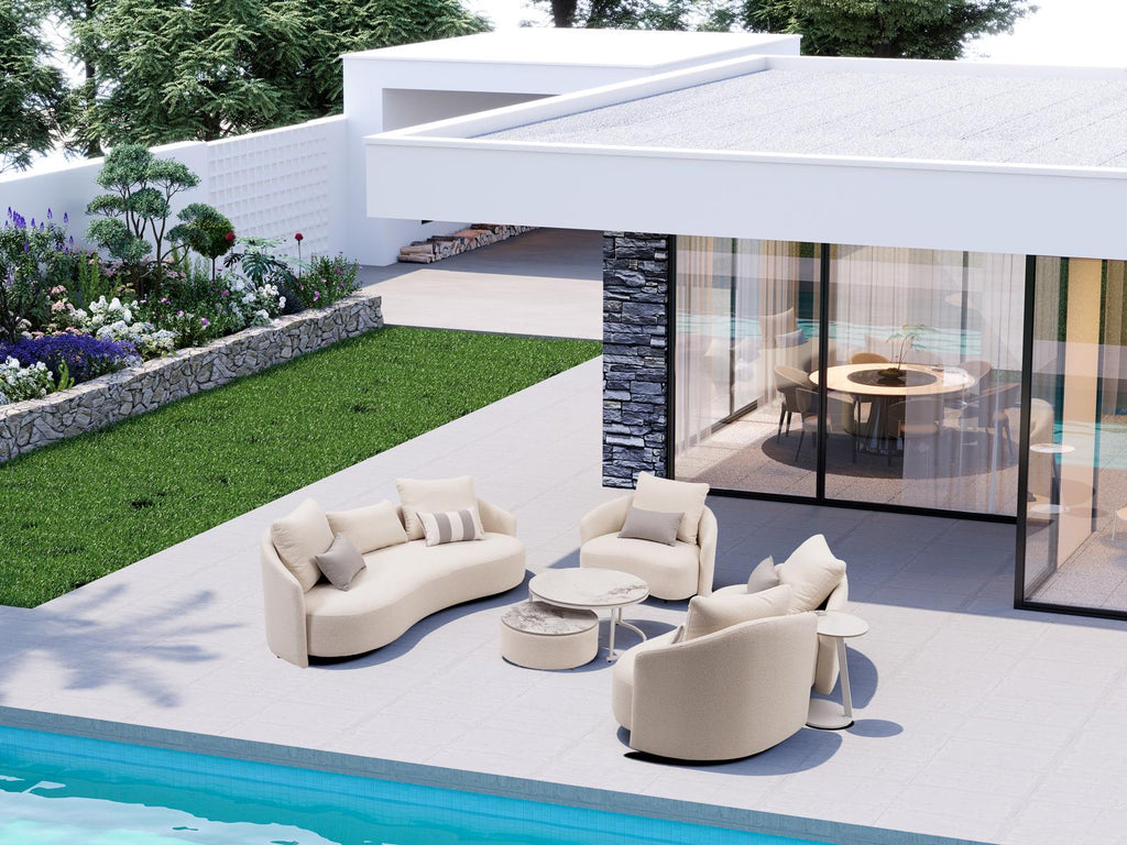 Outdoor patio coffee table set with three round white tables and cream seating