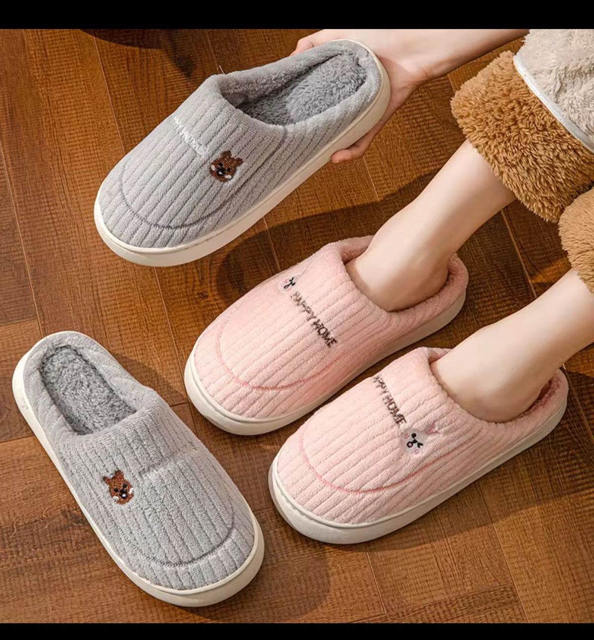 Gray and blush pink knitted critter slippers with plush lining and white rubber soles
