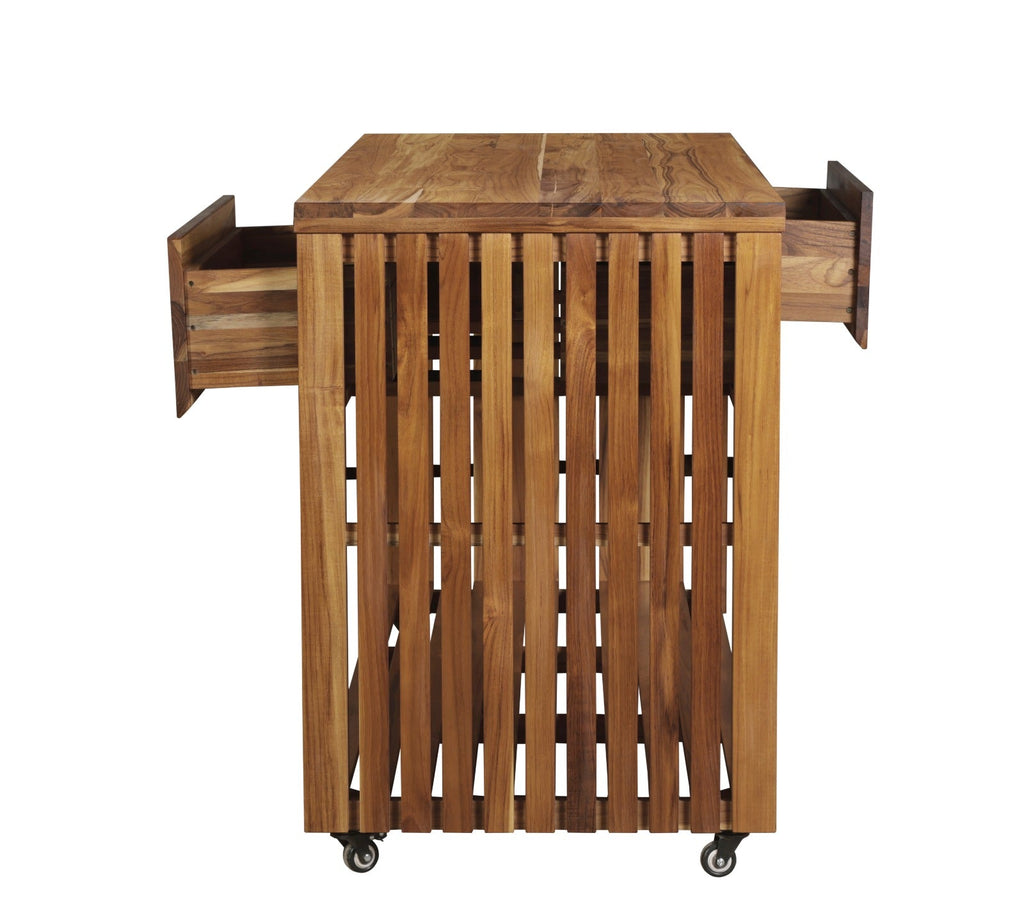 Teak outdoor kitchen island with open slatted cover and casters