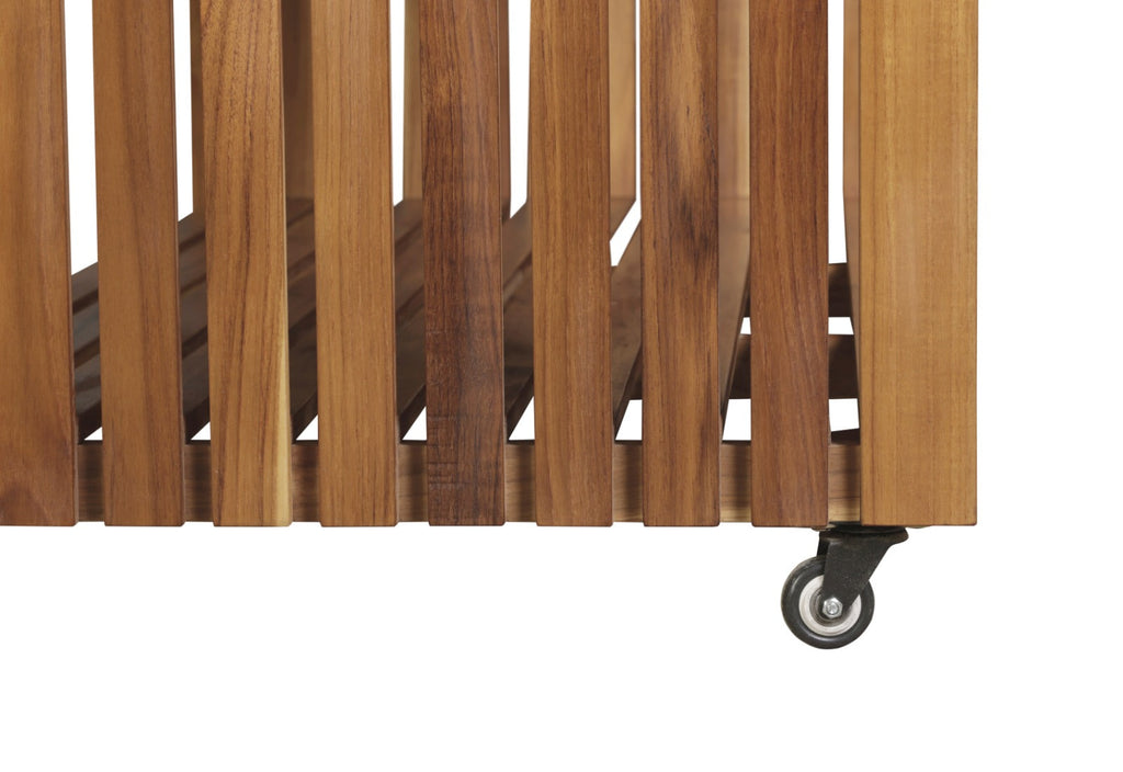 Close-up of teak slatted side panels on outdoor kitchen island