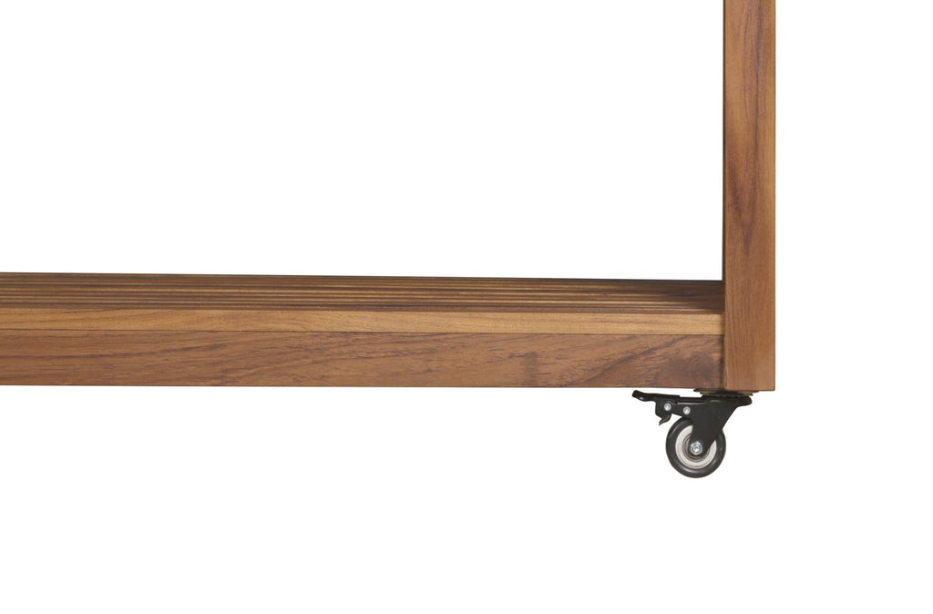 Corner view of teak outdoor kitchen island with caster wheel base