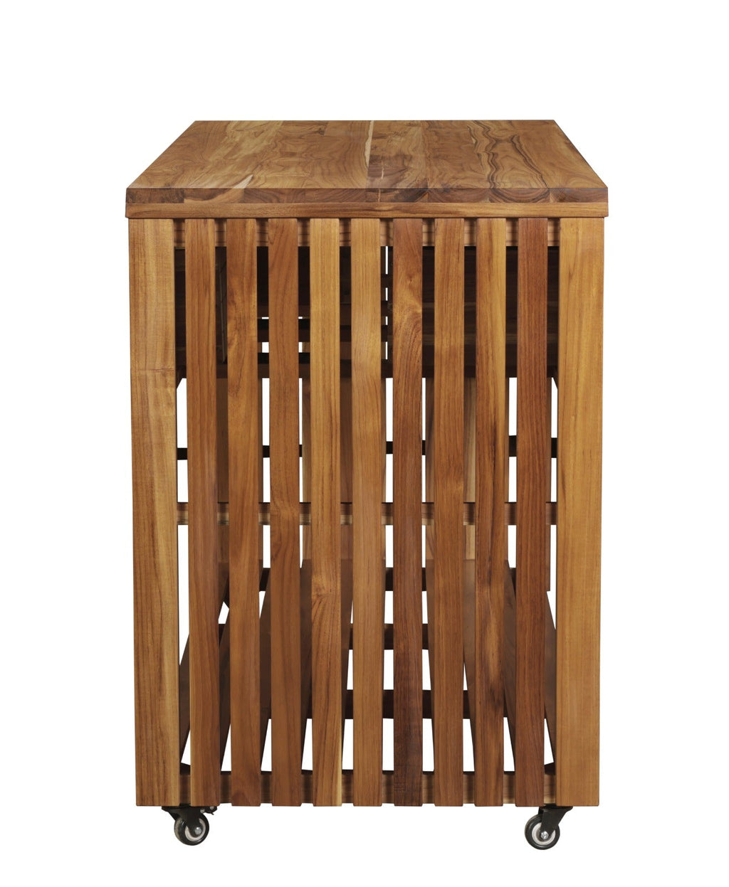 Teak outdoor kitchen island with closed slatted cover top and caster wheels