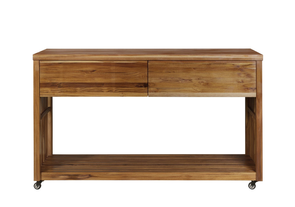 Teak outdoor kitchen island with long top drawer and open bottom shelf, casters