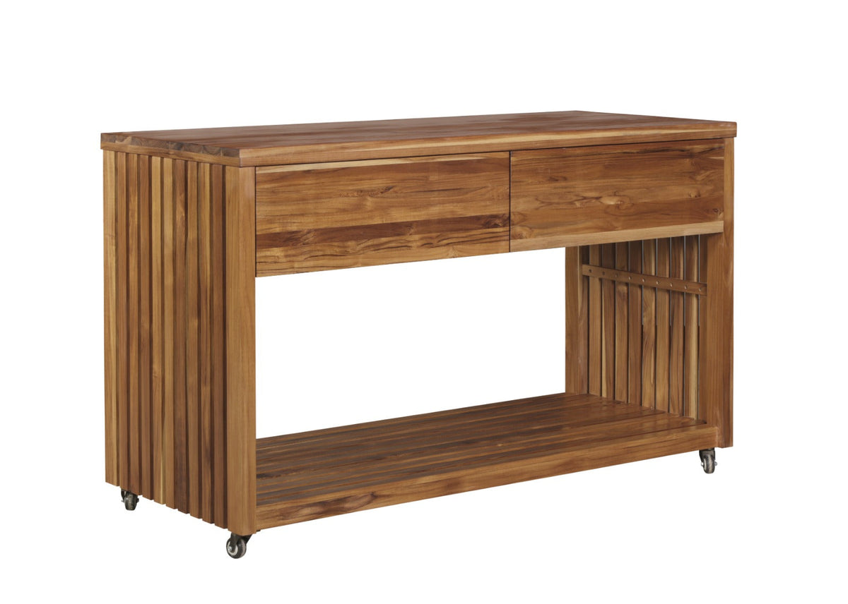 Teak outdoor kitchen island with drawer and open lower shelf, slatted side accents
