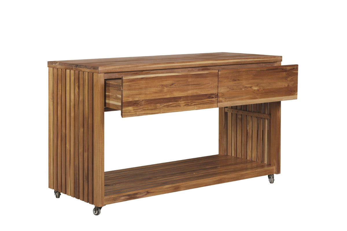 Teak outdoor kitchen island console with drawer and open bottom shelf