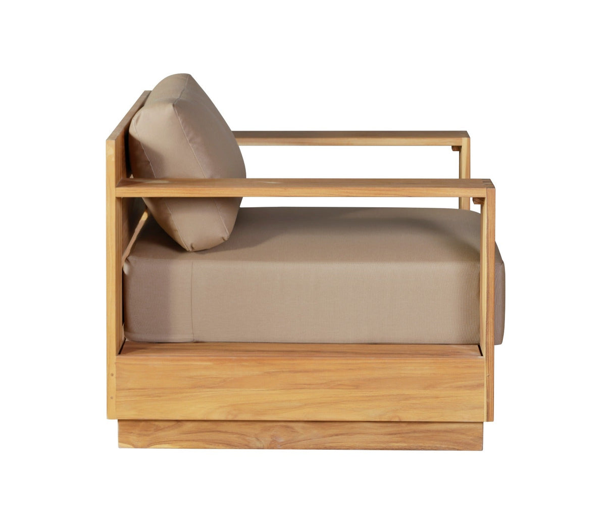 Teak outdoor armchair with beige cushion, open frame, and armrests