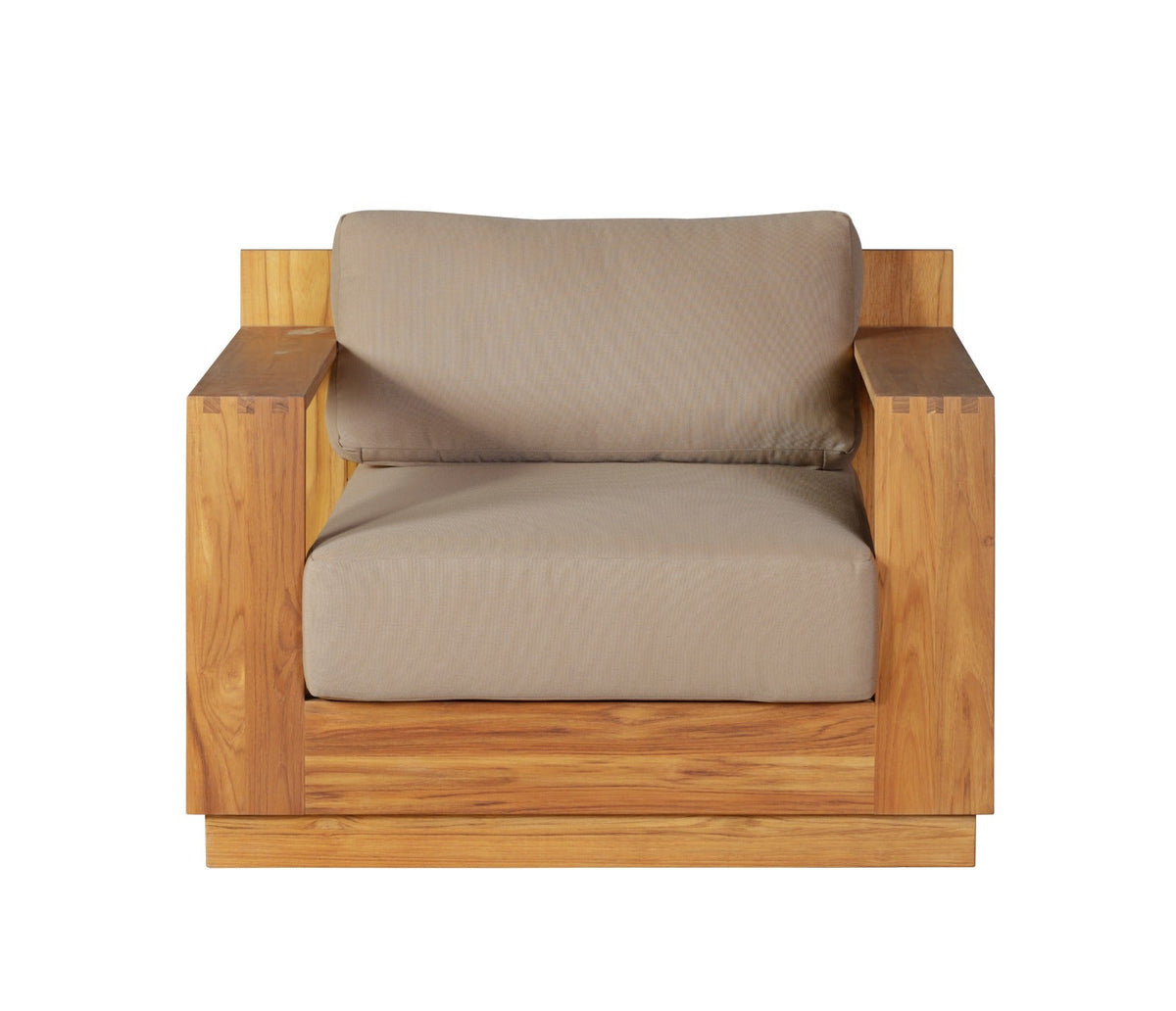 Outdoor teak armchair with beige cushions, front view with rectangular arms and lower shelf.
