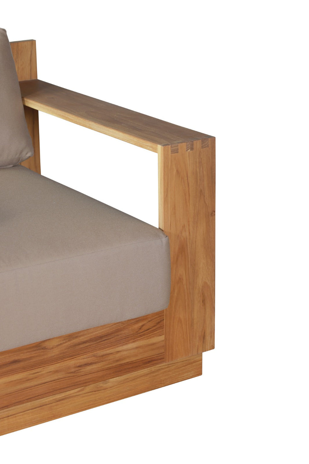 Teak wood outdoor armchair with beige seat and back cushions