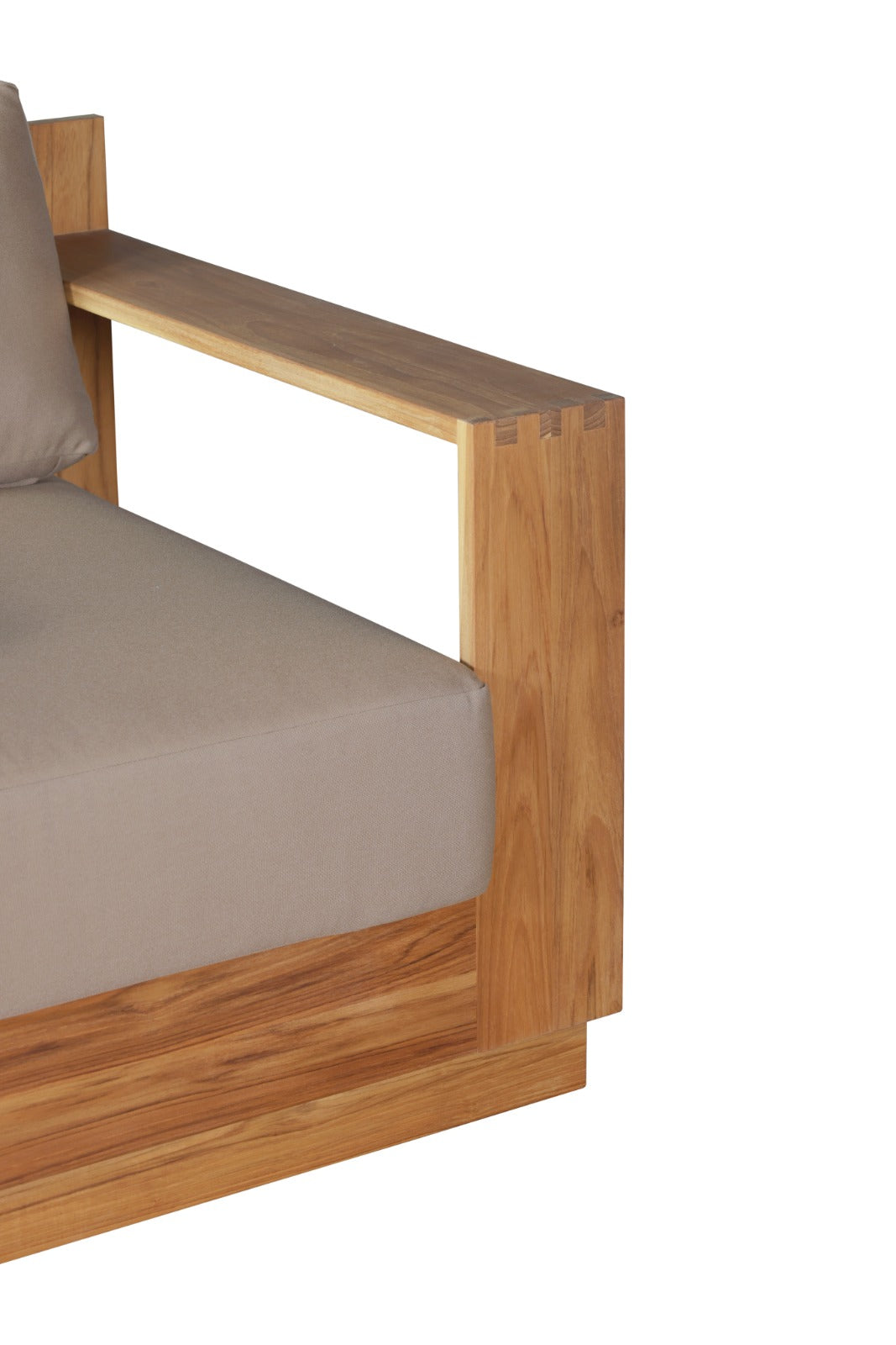 Teak wood outdoor armchair with beige seat and back cushions