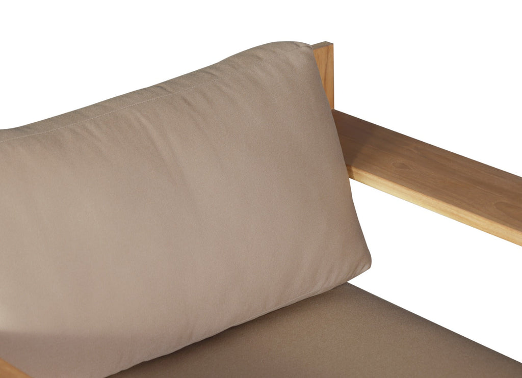 Beige outdoor armchair back cushion with light teak armrest and seat cushion