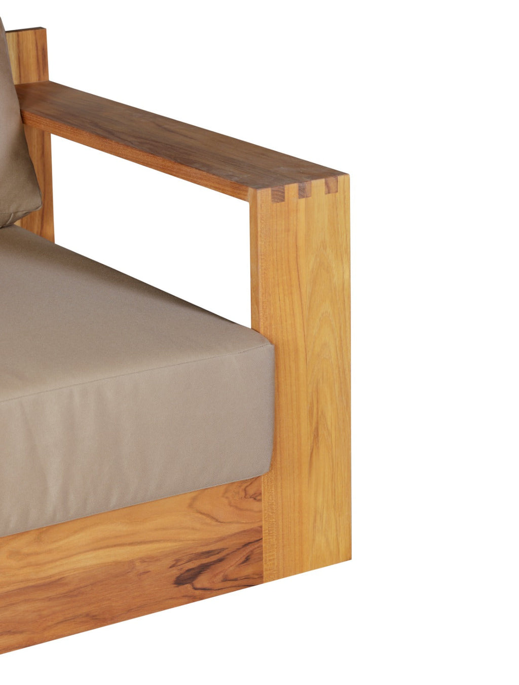 Teak revolving chair with beige cushion and side frame panel, angled view
