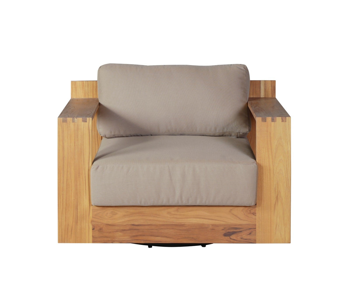 Outdoor teak revolving chair with beige seat cushion and rounded back pillow
