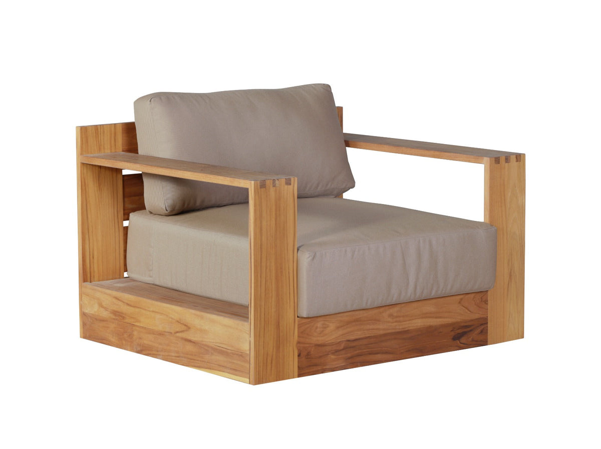Outdoor teak revolving chair with beige cushions and open side panel, angled view