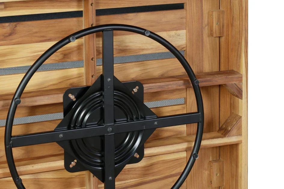 Outdoor teak revolving chair turntable base with black circular handle mechanism