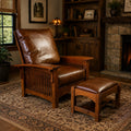 Chestnut arm chair with brown leather-look seat, matching ottoman stool set